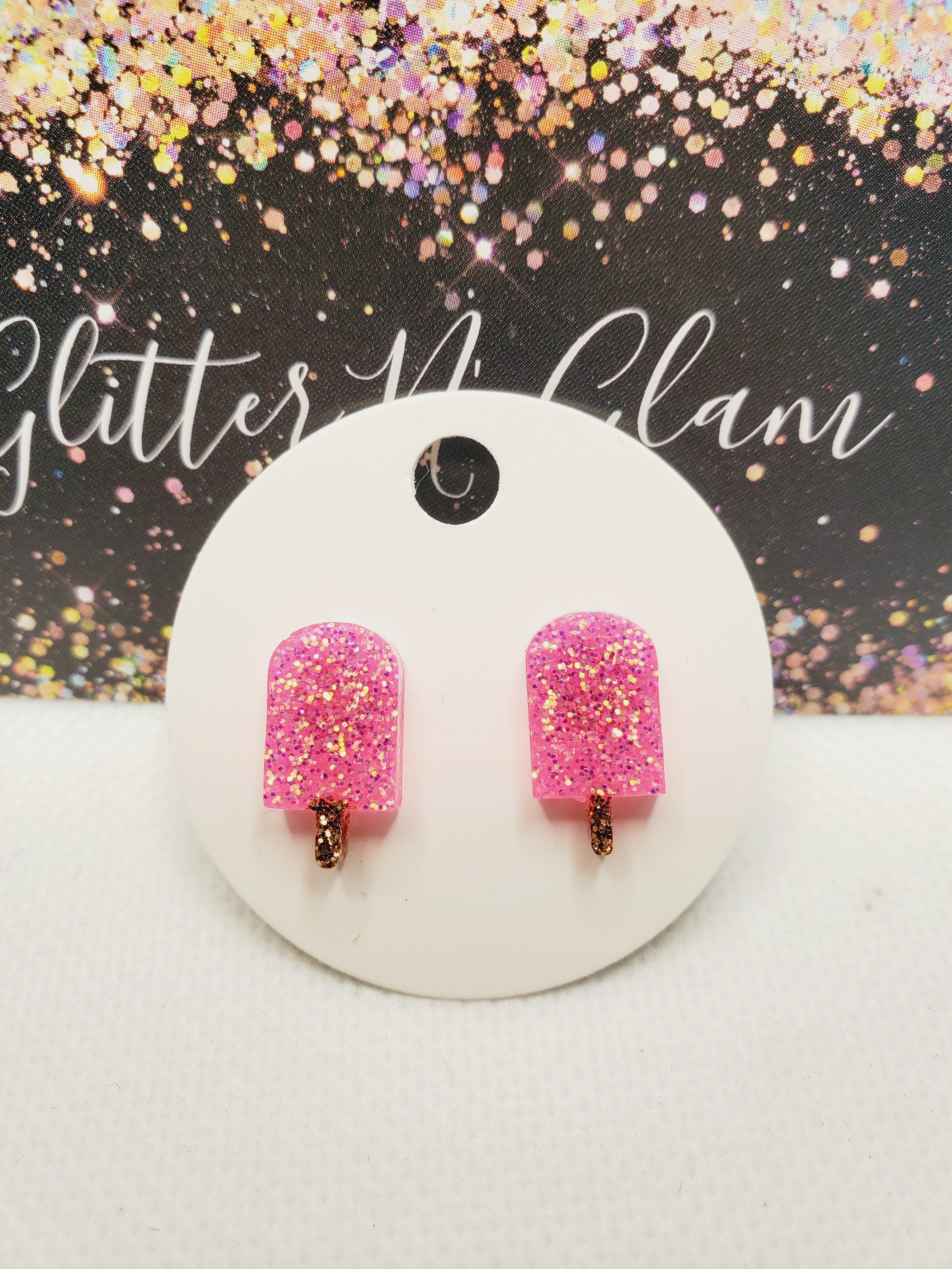 1652 Hot Pink Sparkly Popscile Stud Earrings