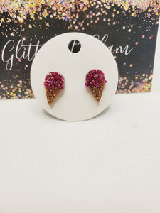 1657 Pink Sparkly Ice Cream Cone Stud Earrings