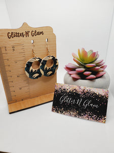 1697 Wood Open Circle Floral Teal n Black Dangle Earrings