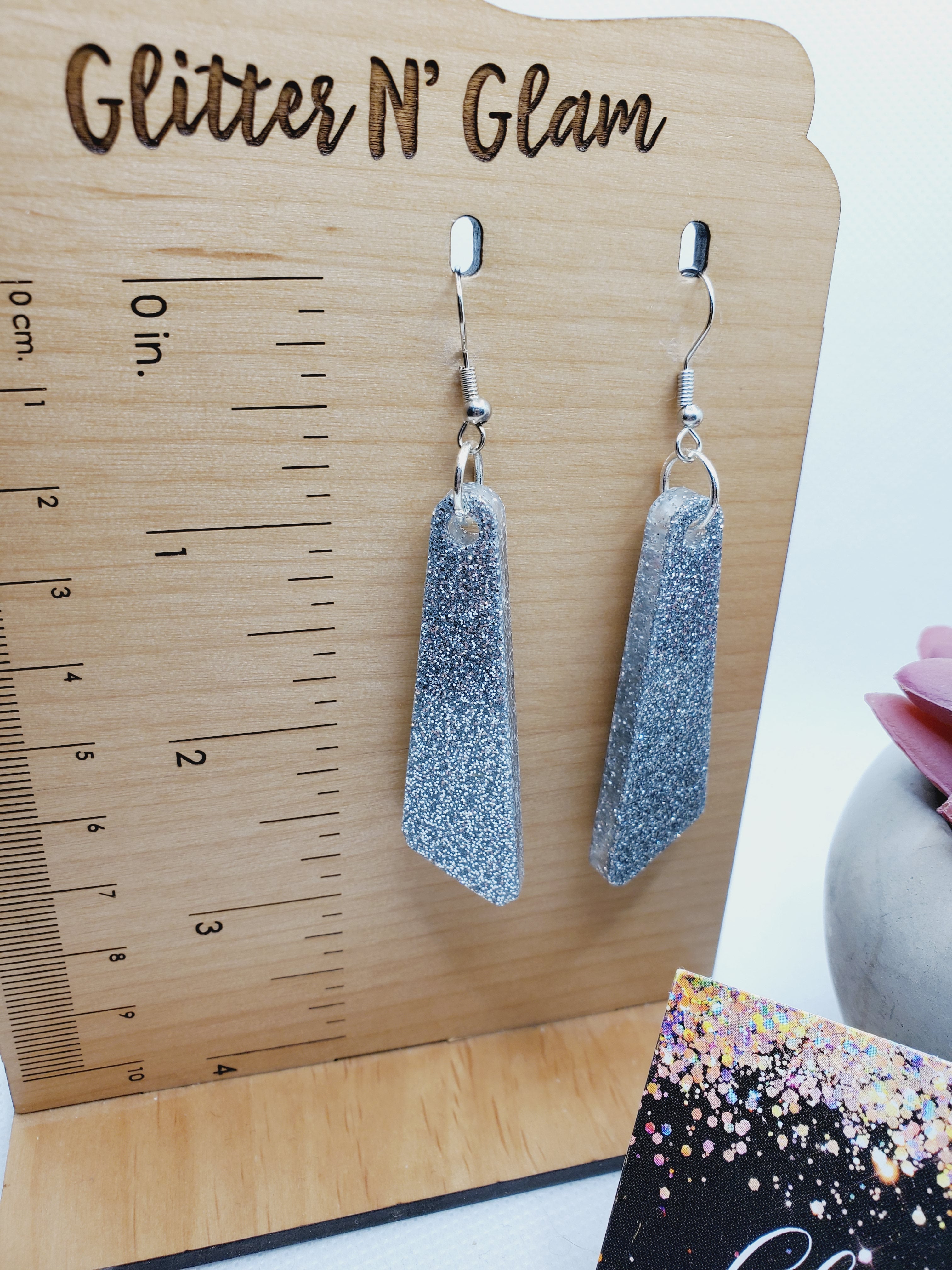 1704 Resin Silver Sparkly Dangle Earrings