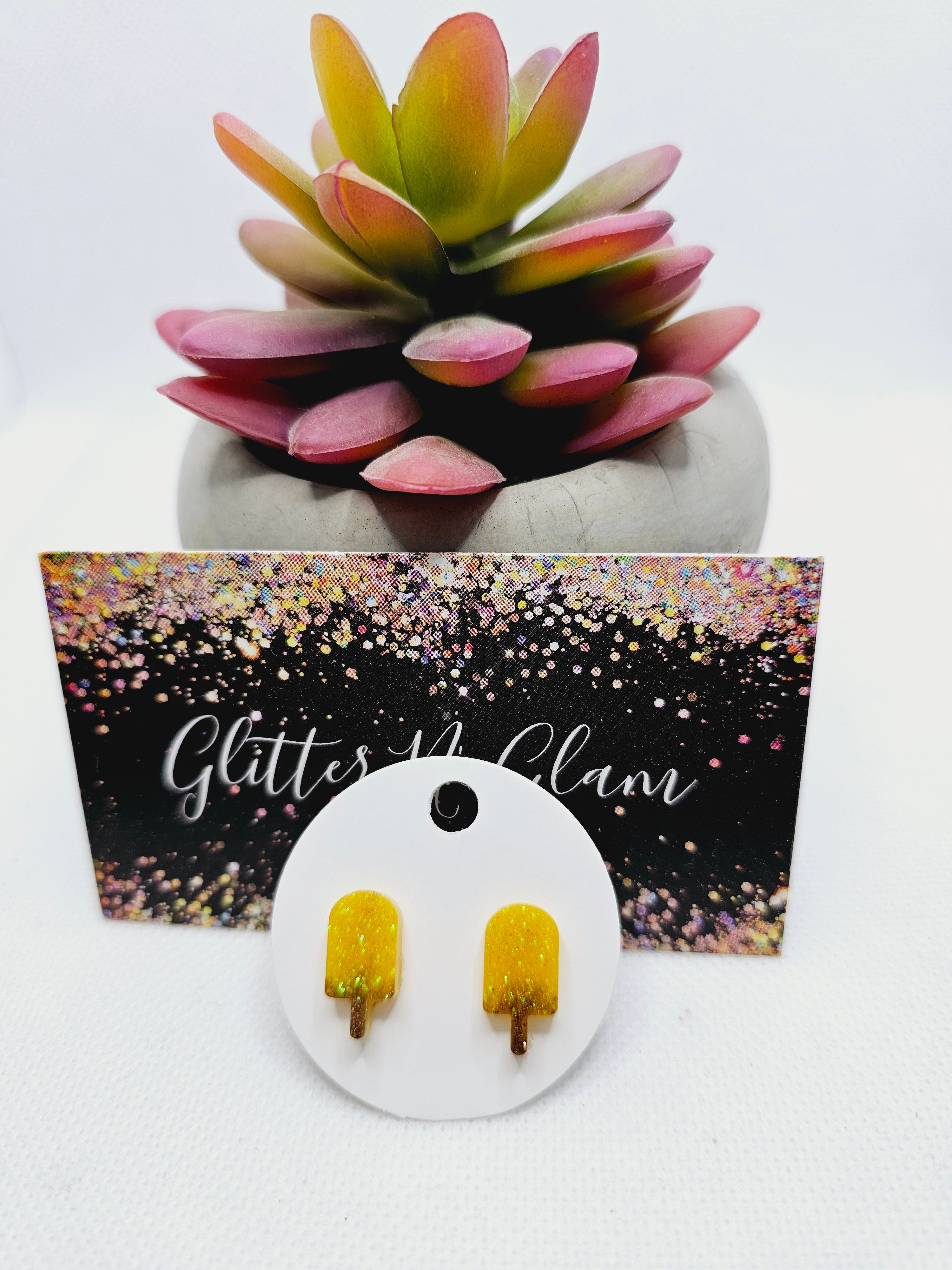 1716 Yellow Sparkly Popsicle Stud Earrings