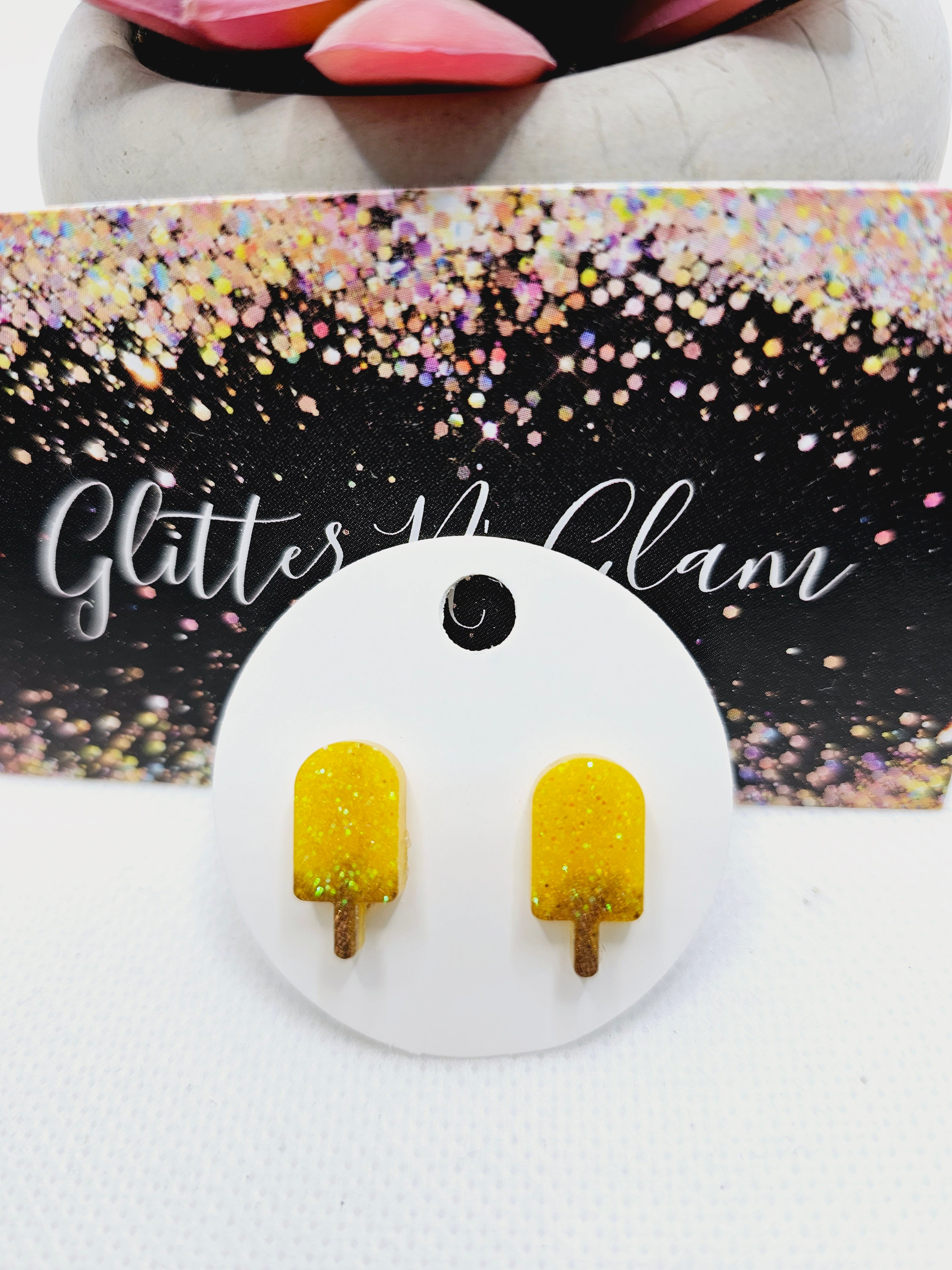 1716 Yellow Sparkly Popsicle Stud Earrings