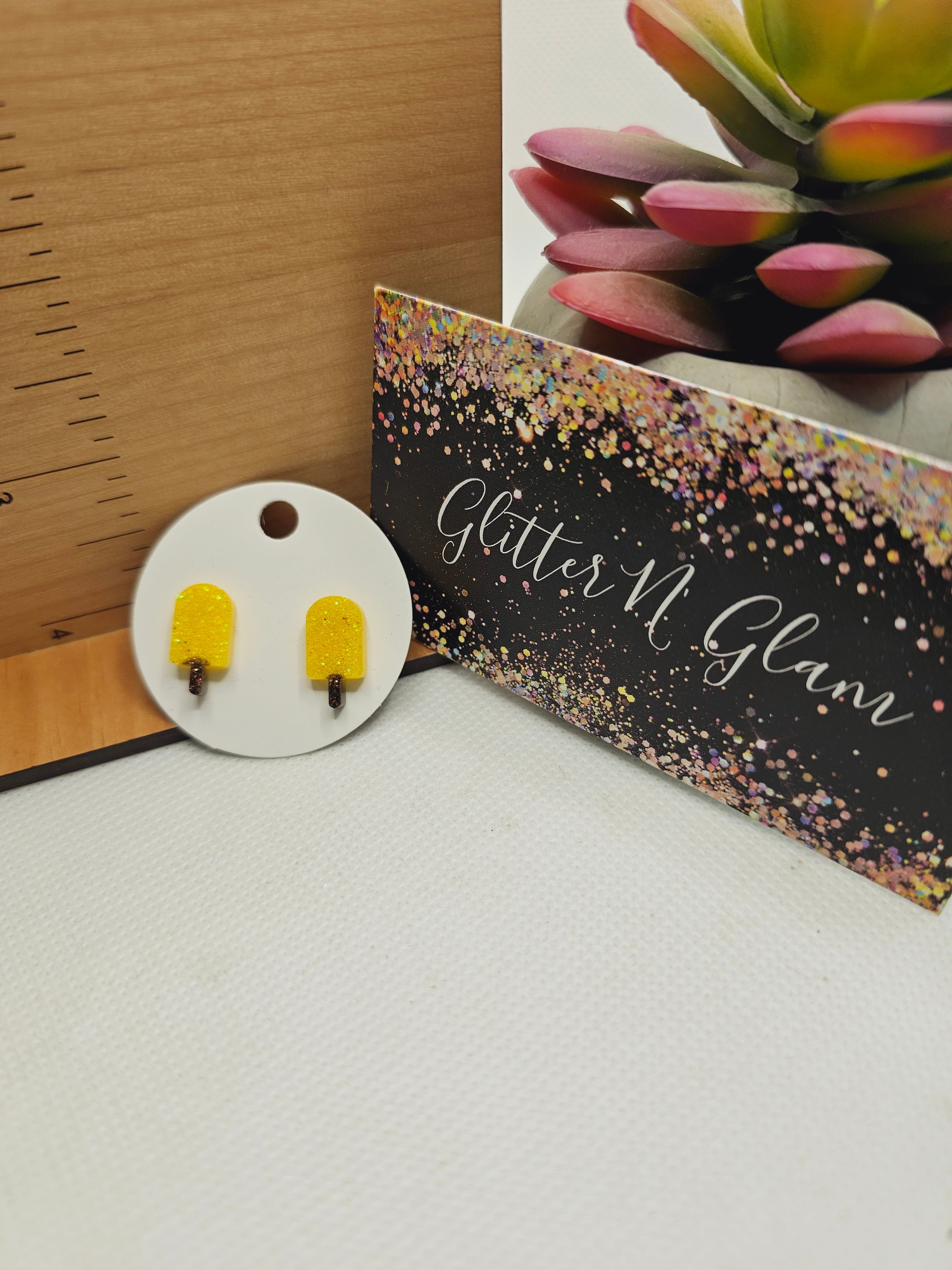 1717 Yellow Sparkly Popscile Stud Earrings
