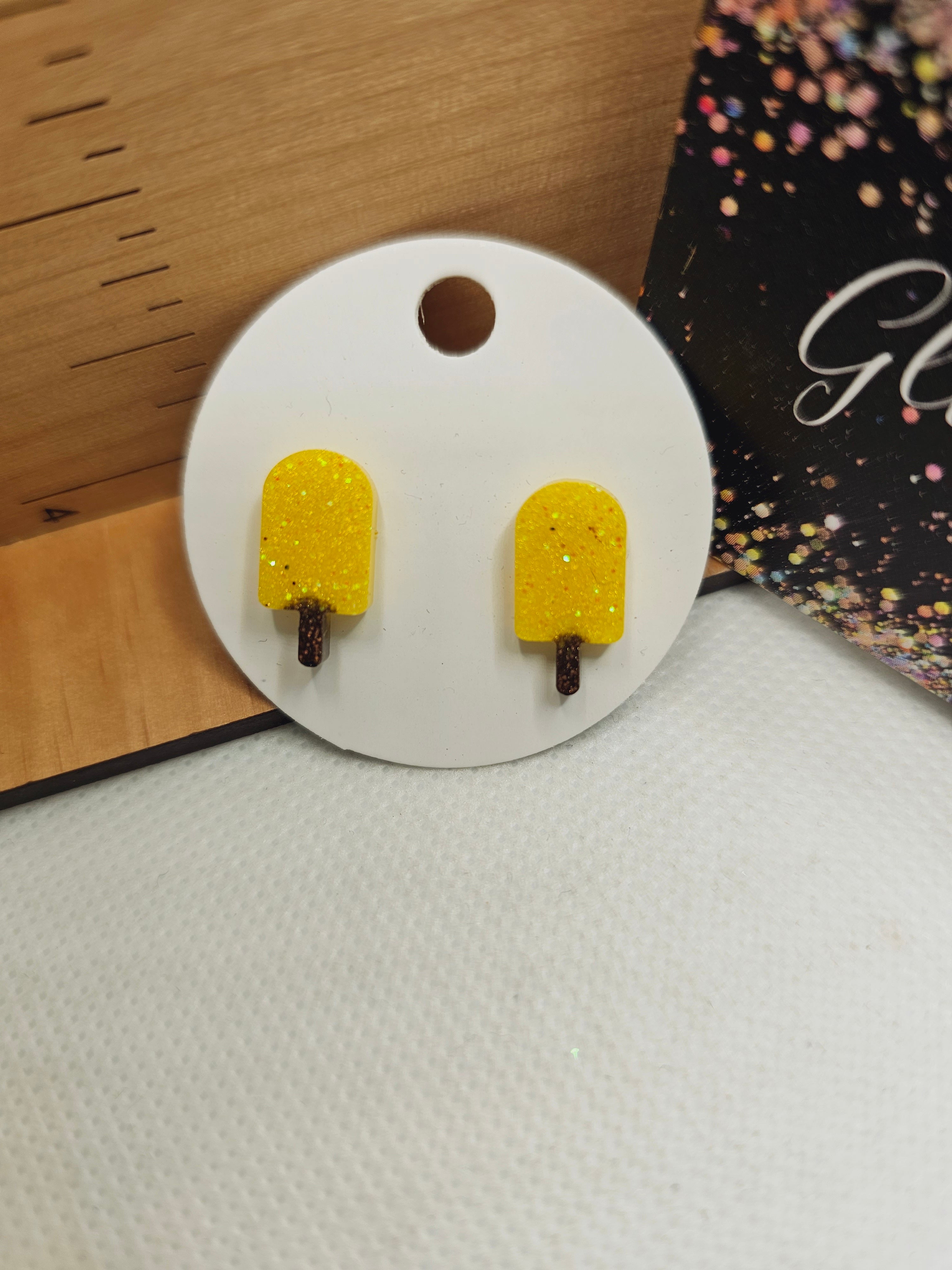 1717 Yellow Sparkly Popscile Stud Earrings